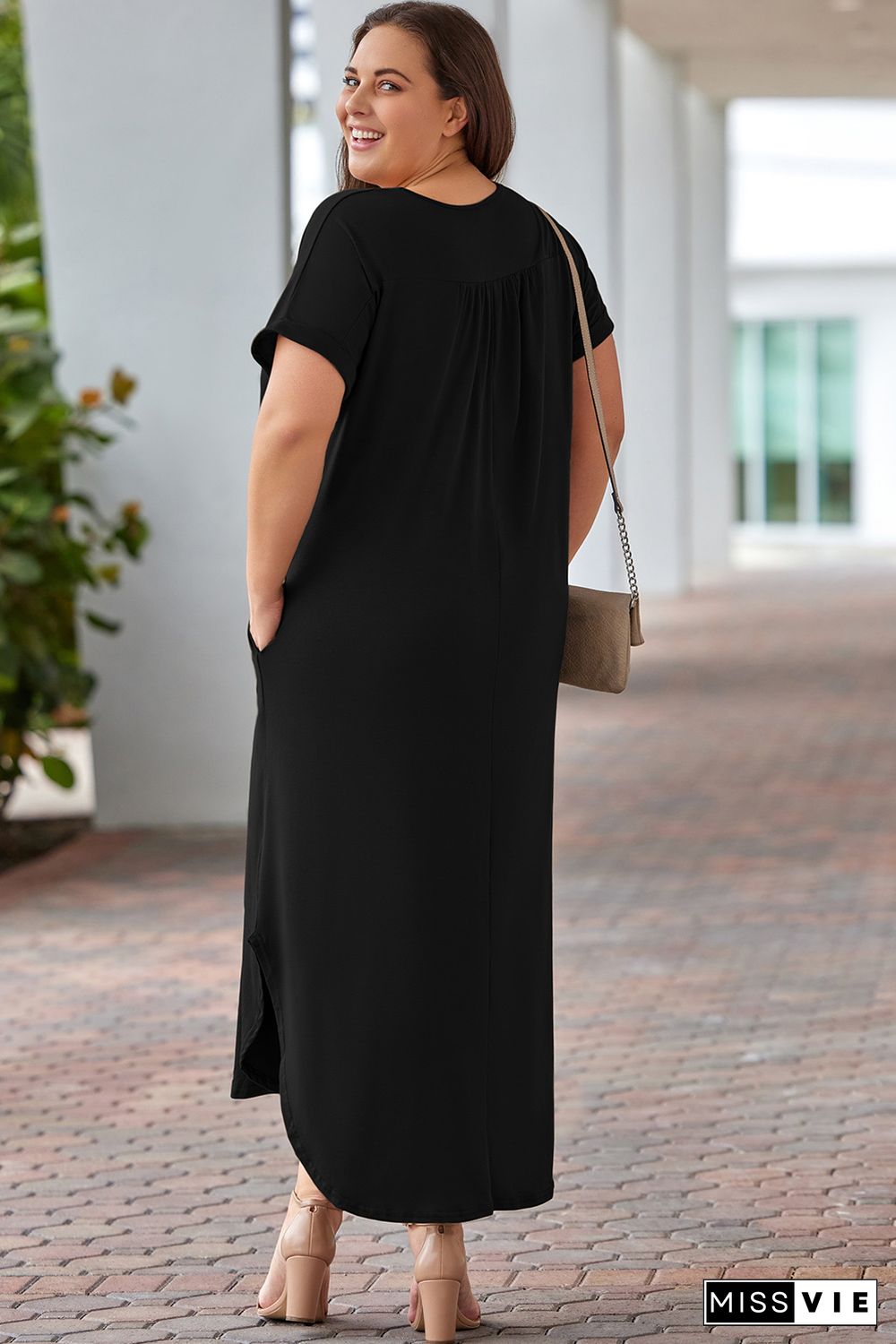 Black Plus Size V Neck Rolled Cuffs Maxi Dress