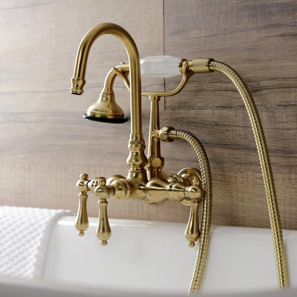 Kingston Brass Aqua Vintage 3-Handle Wall-Mount Clawfoot Tub Faucets with Hand Shower in Brushed Brass HAE7T7