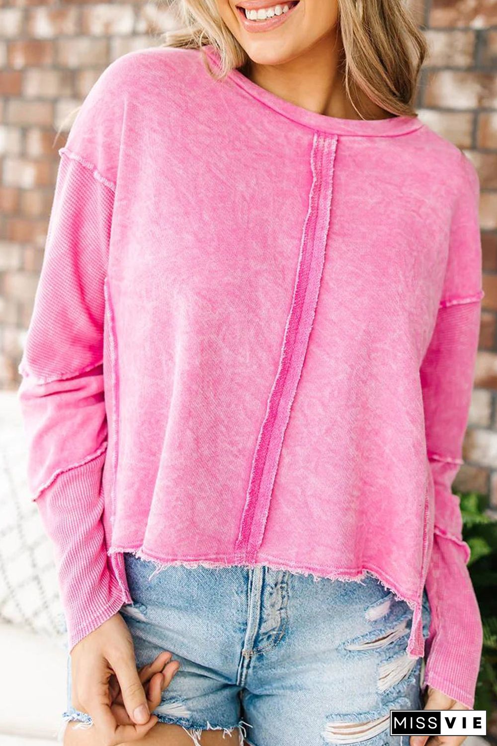 Rose Exposed Seamed High Low Raw Edge Sweatshirt