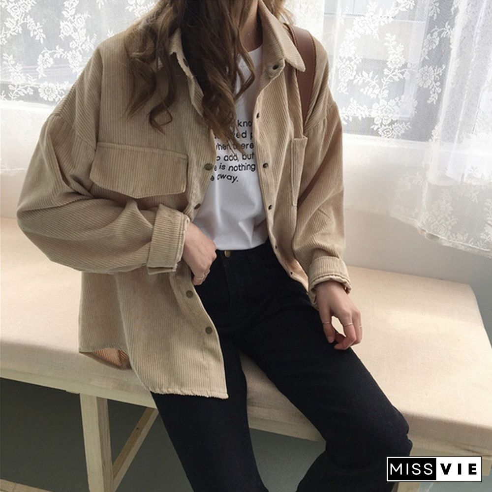 Women Vintage Spring Autumn Loose Shirts Korean Style Solid Color Blouse Long Sleeve Corduroy Coat