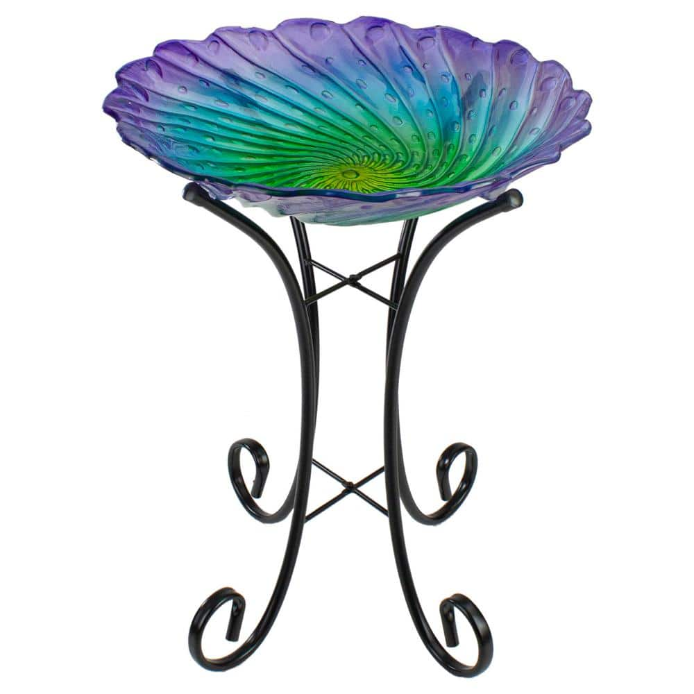 Northlight 18 in. Purple and Green Swirled Hand Painted Glass Outdoor Birdbath 34303458