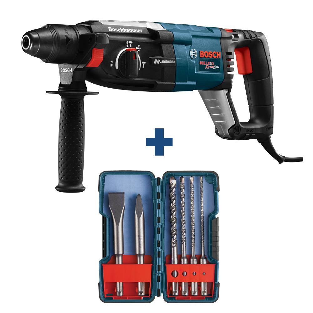 Bosch Reconditioned 8.5 A 1-18in. Corded SDS-Plus Rotary Hammer Drill w Case+Bulldog SDS-Plus Rotary Hammer Bit Set(6-Piece) GBH228LHCST006