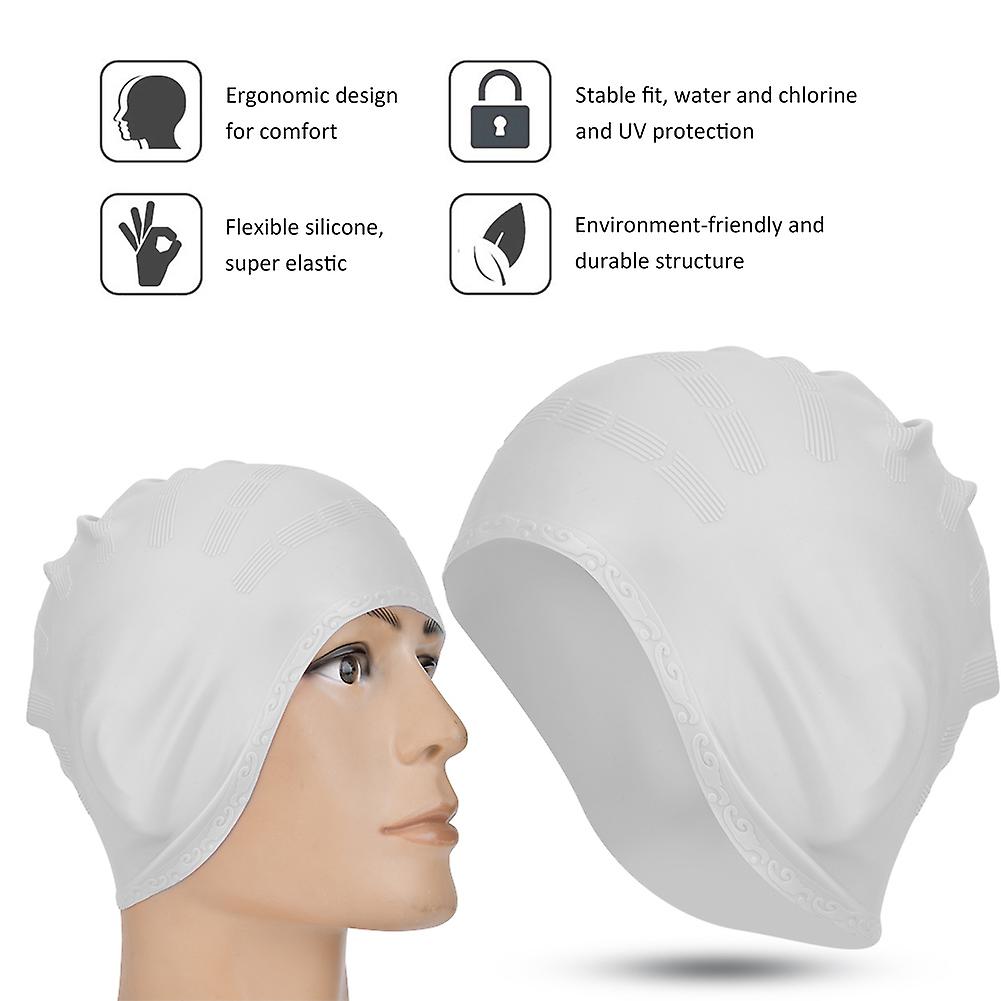 1pc Sports Swim Silicone Hat  Stretchy Comfortable Long Hair Ear Protector   Cap For Swimming Poolwhite