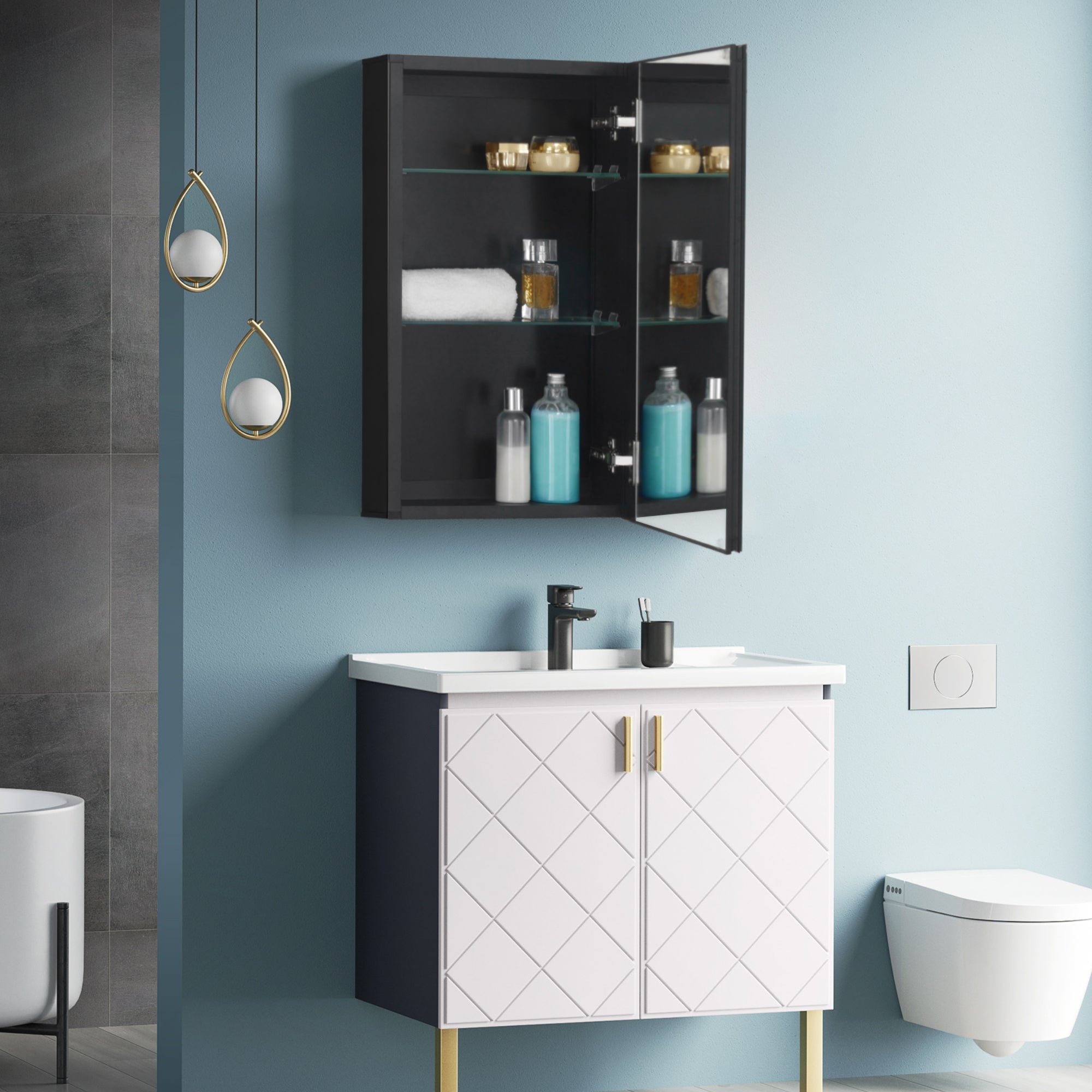 Medicine Cabinet 14 x 24 inch Recessed or Surface Mount, Black Aluminum Bathroom Wall Cabinet with Mirror and Adjustable Shelves.