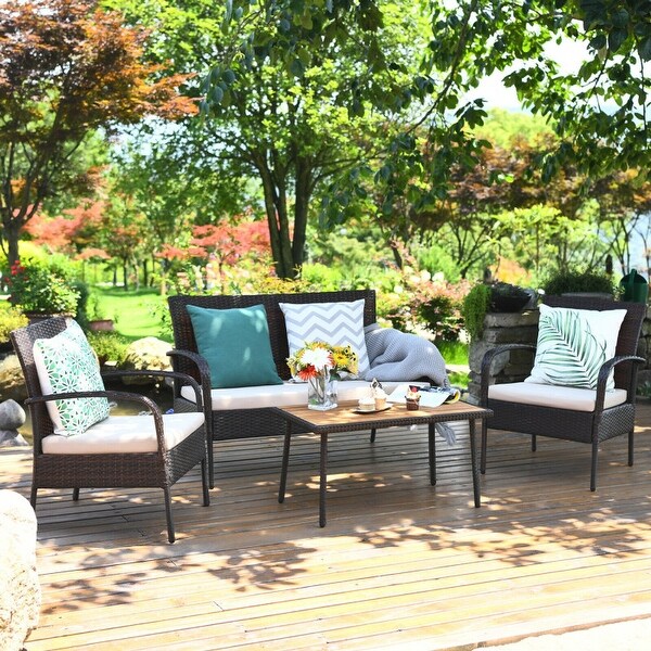 4Pcs Patio Rattan Outdoor Conversation Set with Cushions