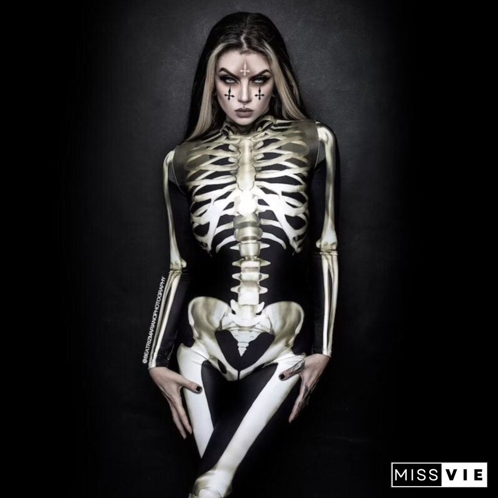 Halloween Adult Cosplay Bodysuit Scary Skeleton Costum Carnival Party Skull Print Long Sleeve Jumpsuit Slim Casual Pants