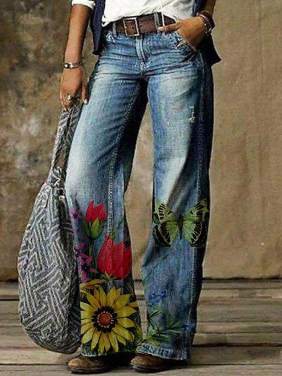 Casual Loose Butterfly Print Jeans