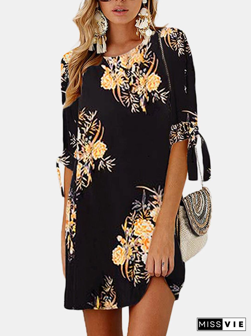 Floral Printed Half Sleeve O-neck Botanical Mini A-Line Dress