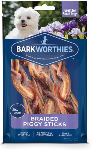 Barkworthies Braided Piggy Sticks Small Dog Grain-Free Dog Treats， 3 count