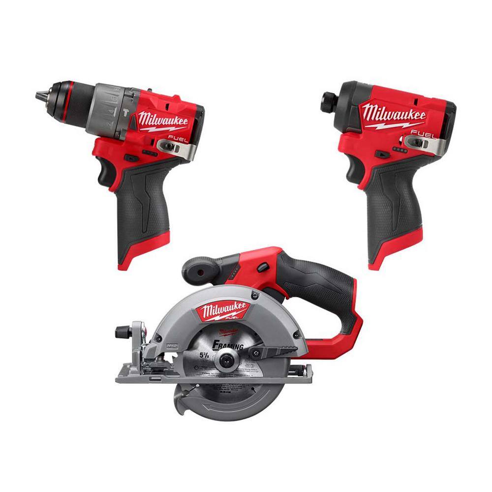 MW M12 FUEL 12-Volt Lithium-Ion Brushless Cordless 5-38 in. Circular Saw 12 in. Hammer Drill  14 in. Hex Impact Driver 2530-20-3404-20-3453-20