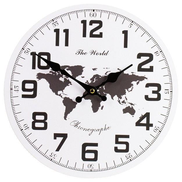 White And Black Battery Operated Round Wall Clock With Continent Design