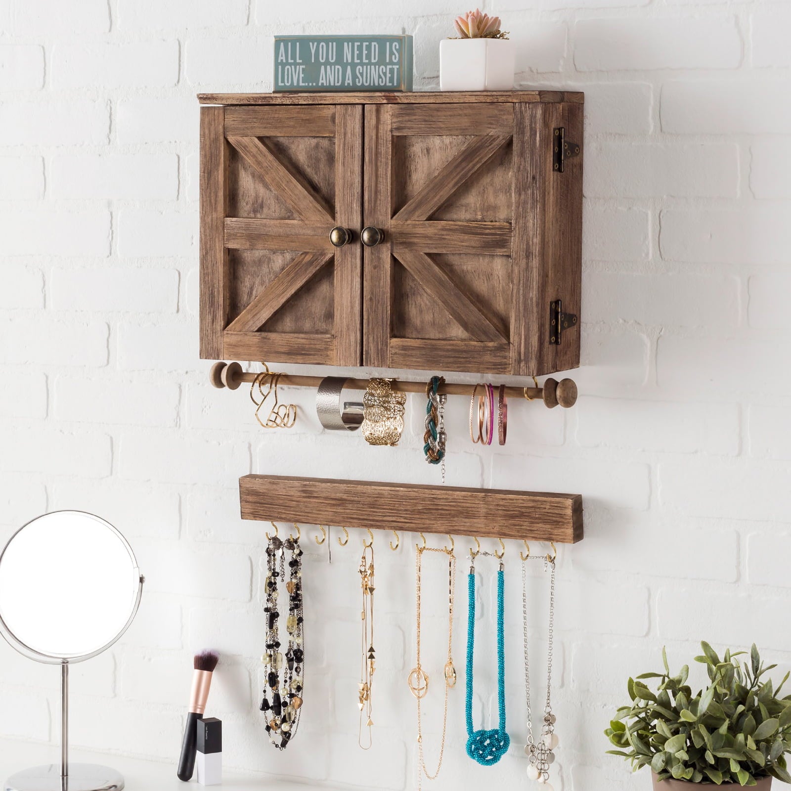 Excello Global Products Rustic Wall Mounted Jewelry Organizer with Wooden Barndoor Decor - Brown - EGP-HD-0088