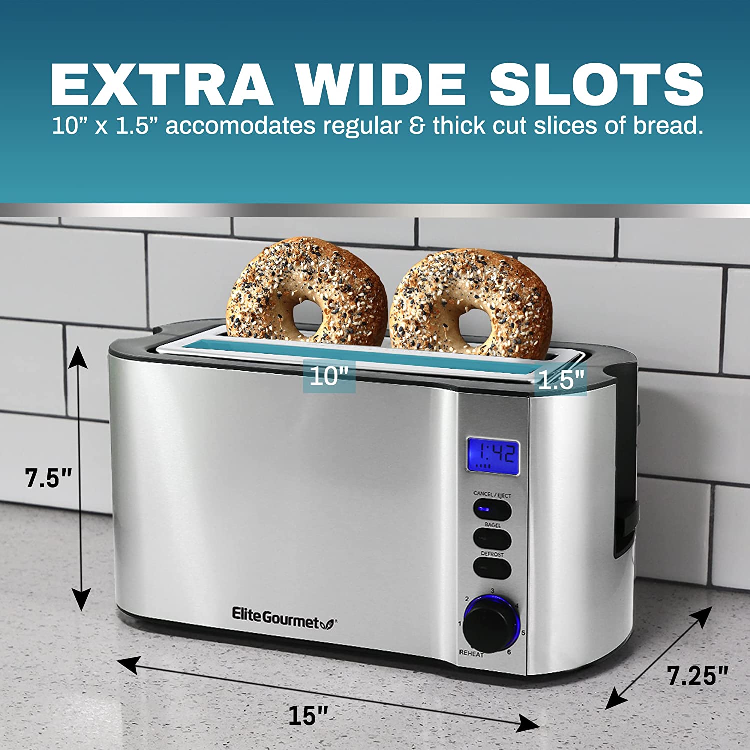 Elite Gourmet ECT4400B# Long Slot 4 Slice Toaster， Countdown Timer， Bagel Function， 6 Toast Setting， Defrost， Cancel Function， Built-in Warming Rack， Extra Wide Slots for Bagel Waffle， Stainless Steel