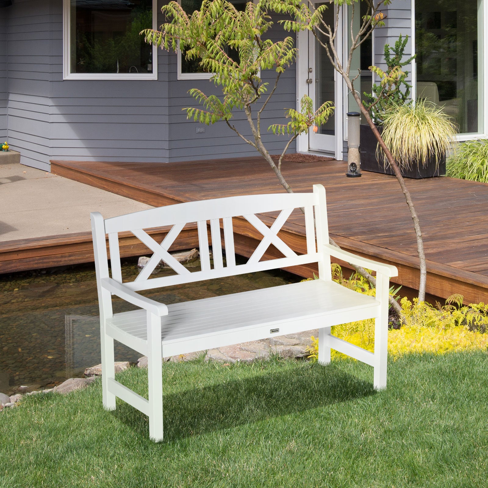 Outsunny 2-Seater Wooden Garden Bench, White