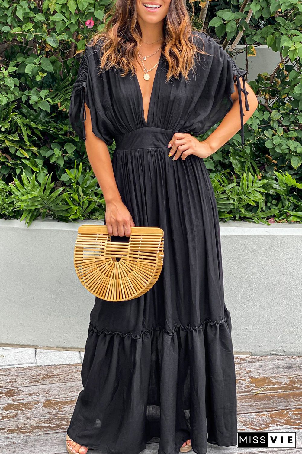 Black Drawstring Pleated Kimono Sleeve Ruffle Maxi Dress