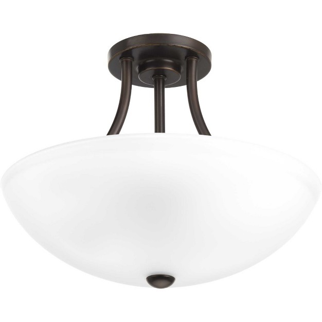 Progress Lighting Gather Collection 2 light Semi flush Mount Brushed Nickel White Etched Glass Shade