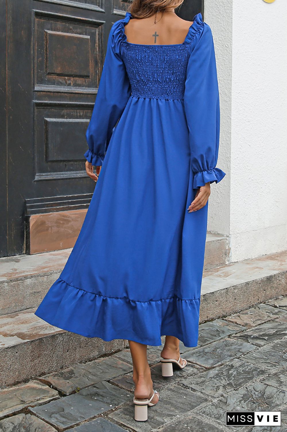 Smocked Square Neck Ruffles Maxi Dress