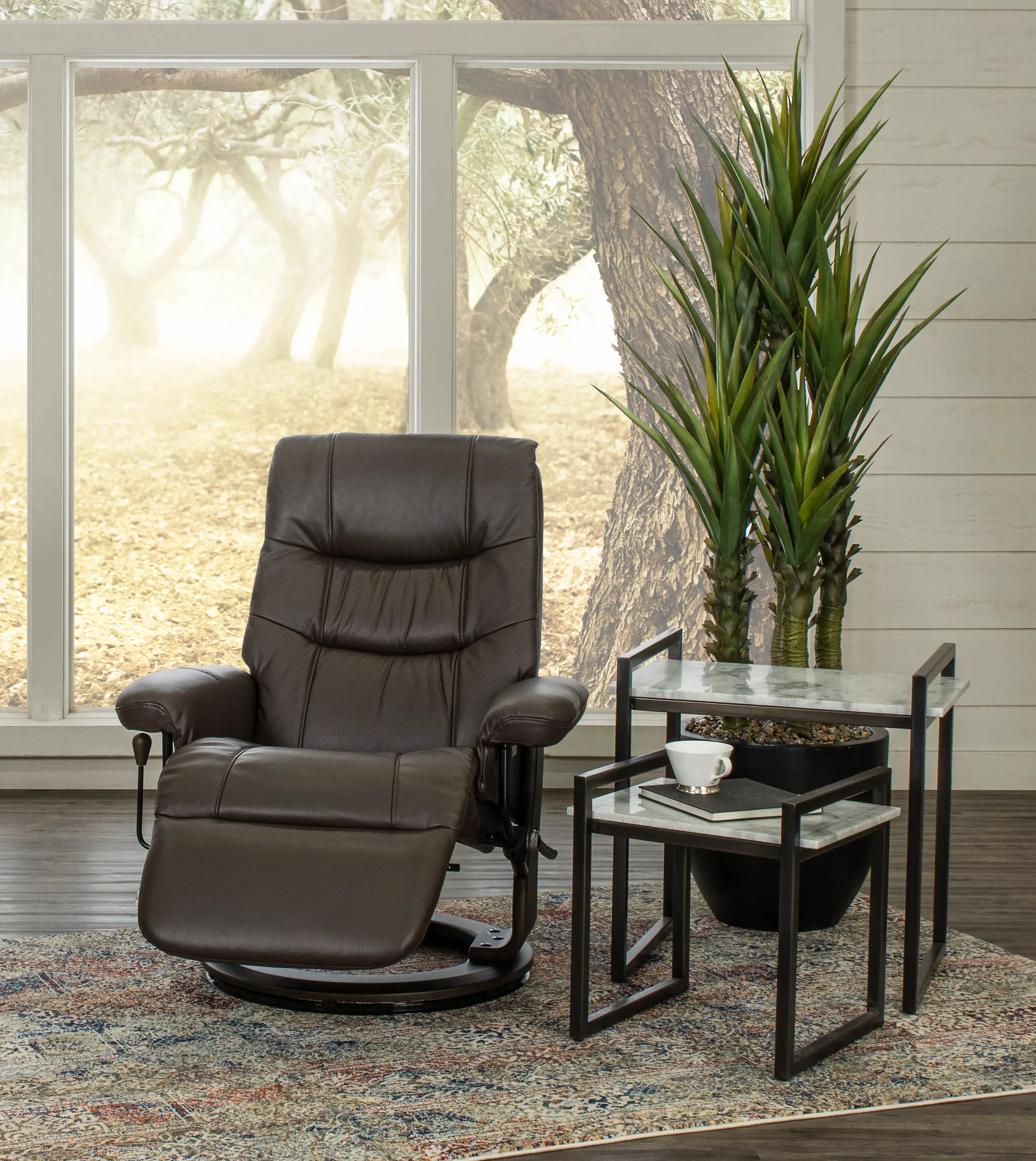 Flip-Up Brown Leather Swivel Recliner