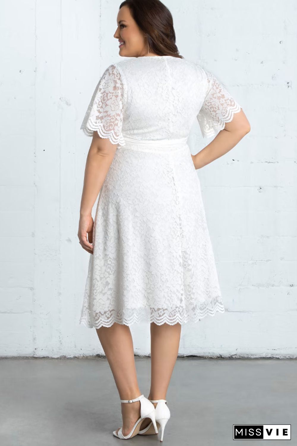 White Scalloped Lace Wrap V Neck Plus Size Dress