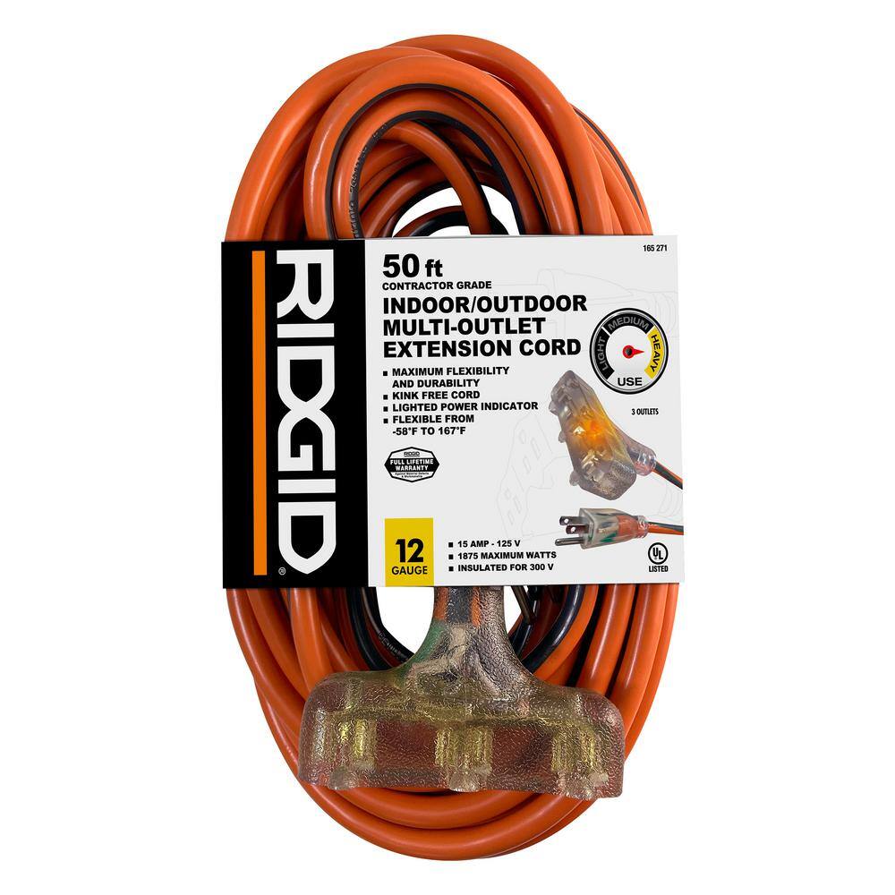 RIDGID 50 ft. 123 Heavy Duty IndoorOutdoor Extension Cord with Tritap Lighted End OrangeGrey 76050RGD