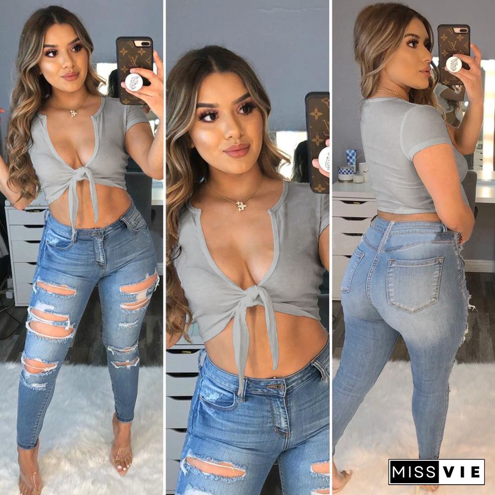 Sexy Solid Color Lace-Up V-Neck Dew Waist T-Shirt