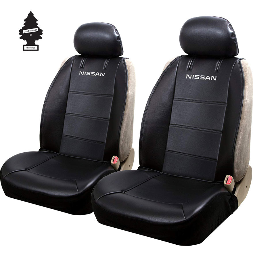 New Pair of Nissan Logo Universal Sideless Faux Leather Seat Covers with Headrest Cover Set and Air Freshener