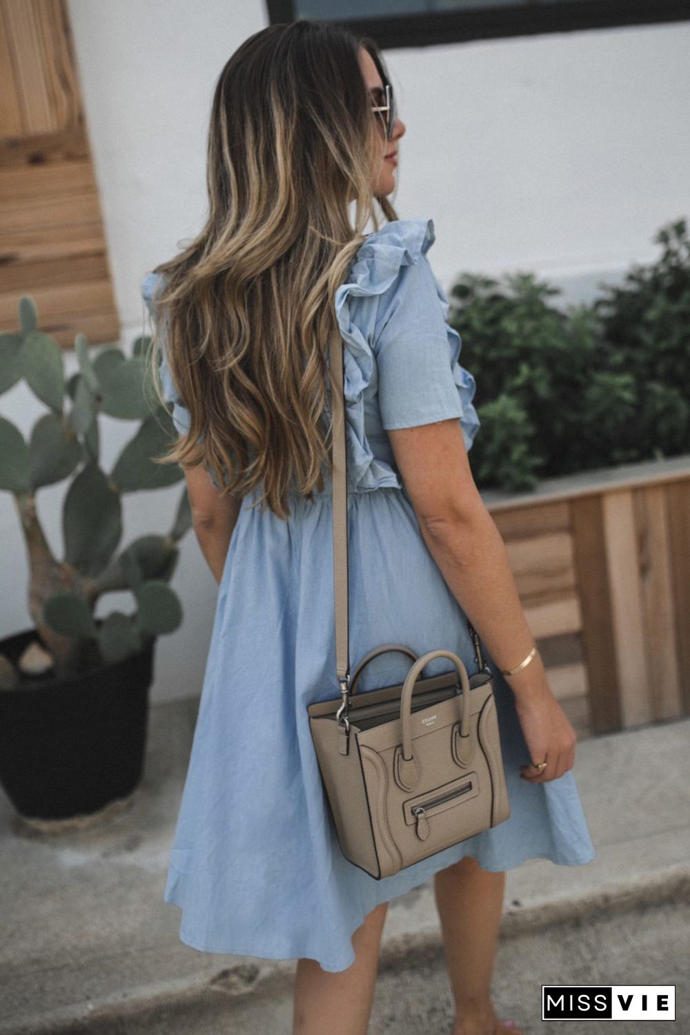 Sky Blue Ruffle Chambray Midi Dress