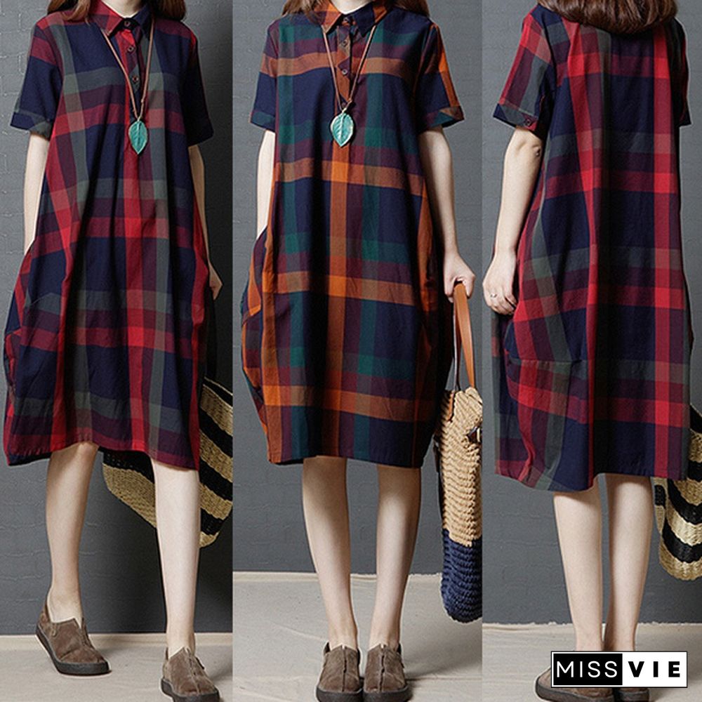 Women Vintage Loose Lapel Short Sleeve Check Plaid Loose Tunic Midi Dress Plus Holiday