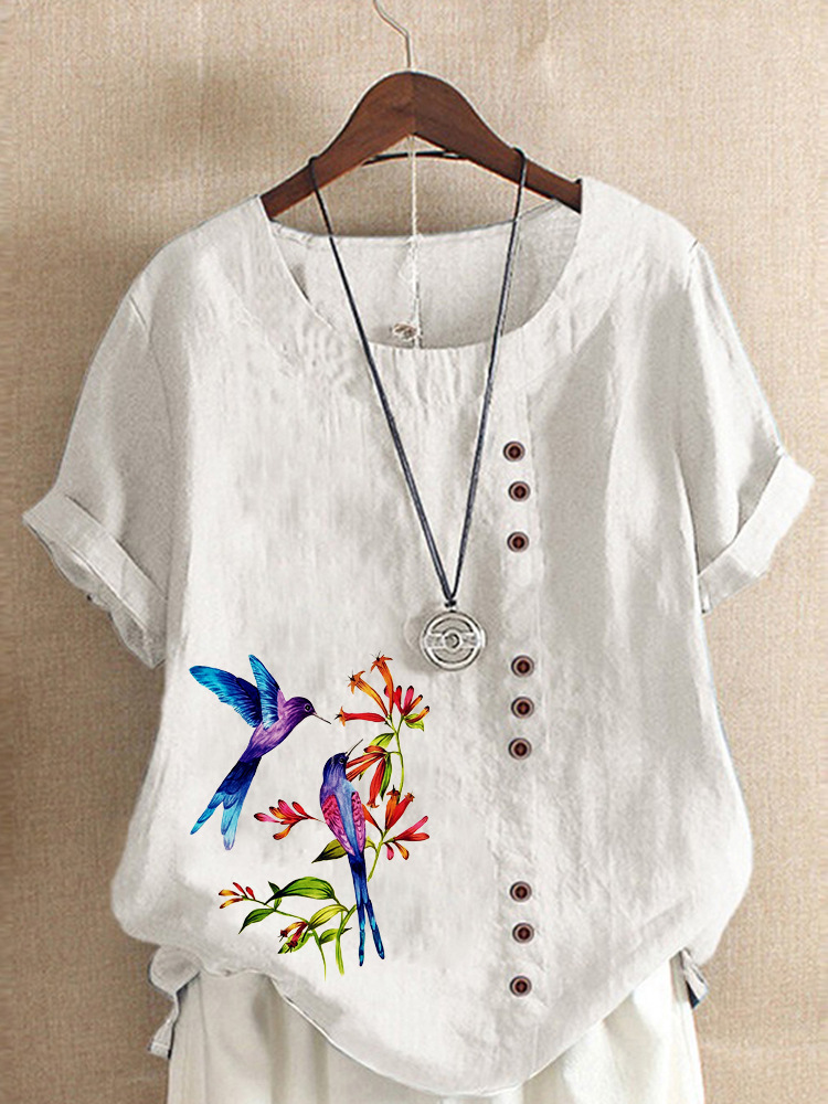 Round Neck Casual Loose Floral Short Sleeve Blouse