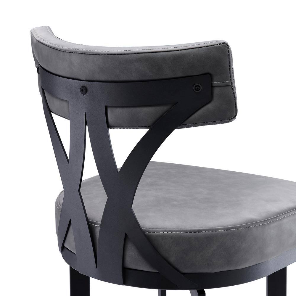 Armen Living Natalie Contemporary 30 in. Bar Height Bar Stool in Black Powder Coated and Vintage Grey Faux Leather LCNTBABLVG30