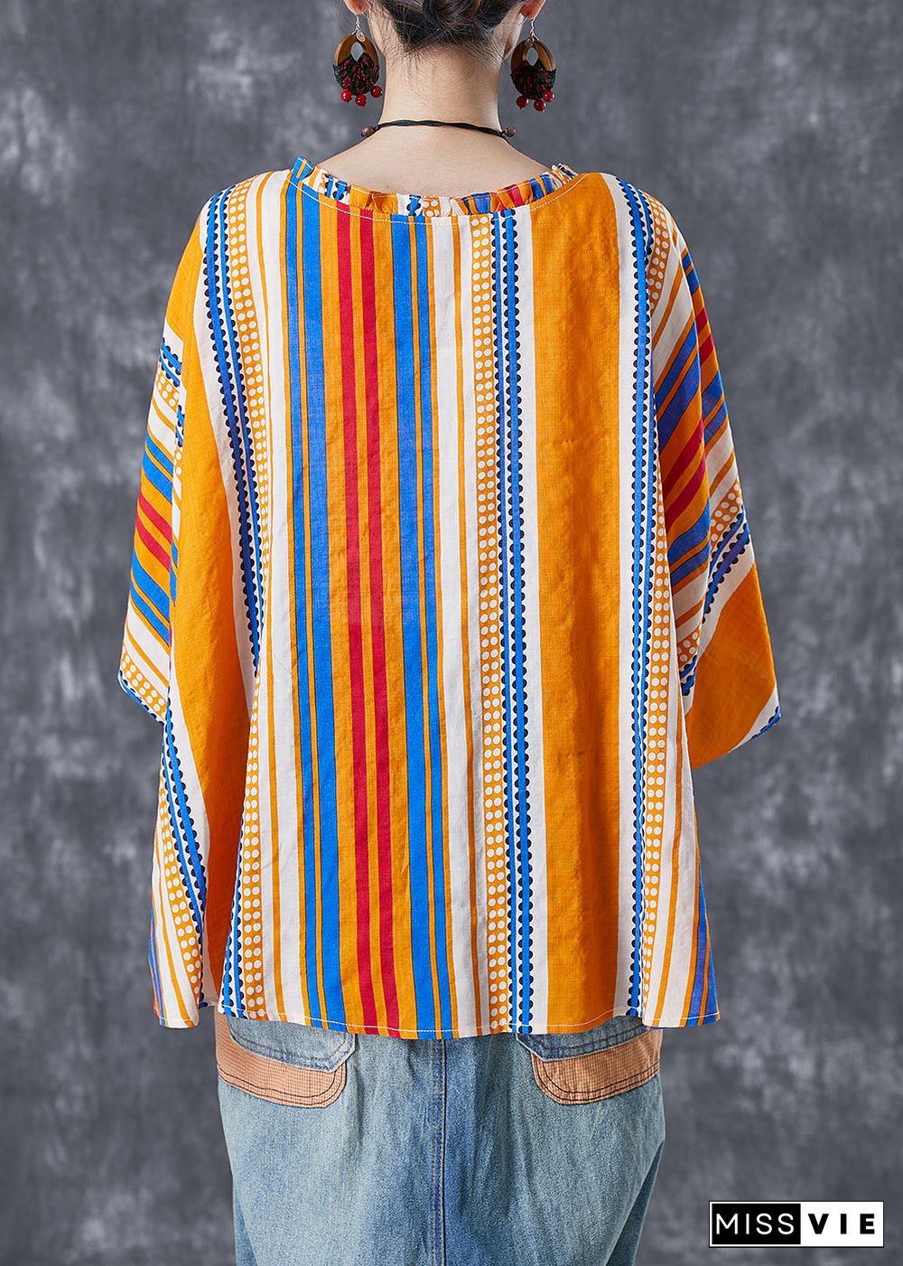 Bohemian Yellow Oversized Striped Wrinkled Cotton Shirt Batwing Sleeve