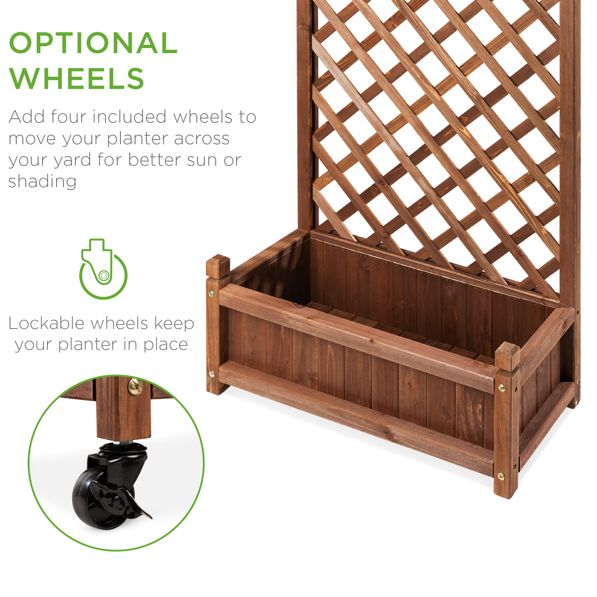 Best Choice Products 60in Mobile Wood Planter Box and Diamond Lattice Trellis， w/ Drainage Holes， Optional Wheels - Walnut