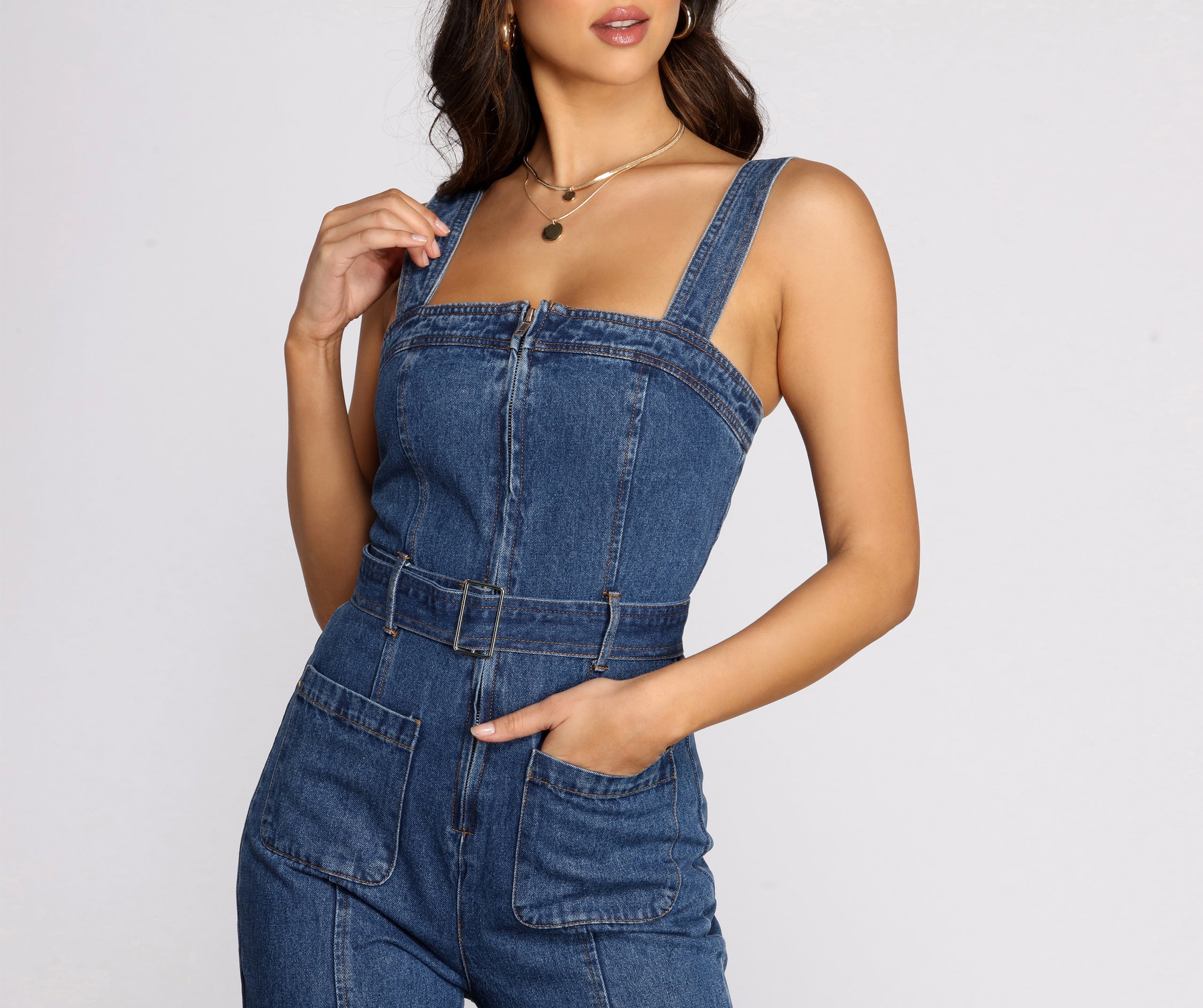 Busy Babe Zip Front Denim Jumpsuit