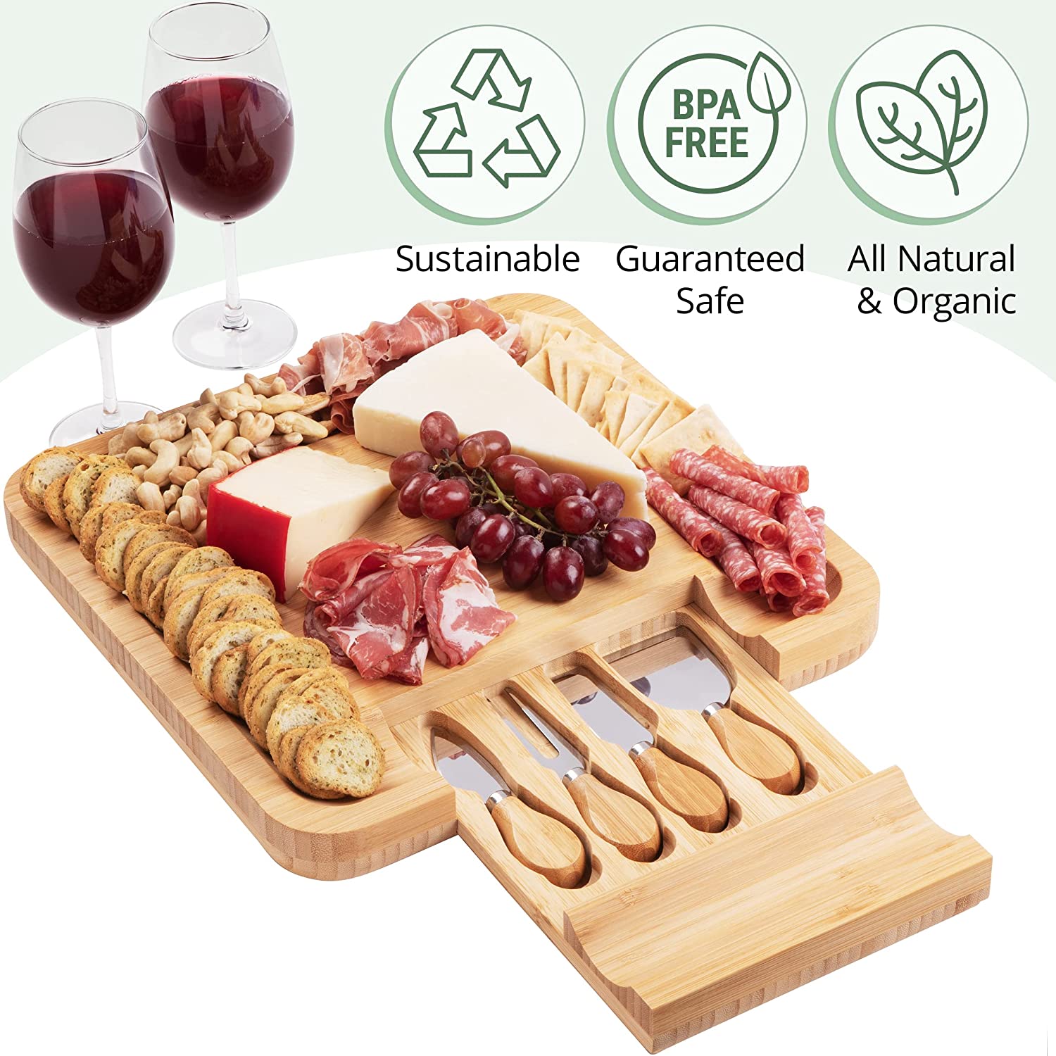 Bamboo Cheese Board Set With Cutlery In Slide-Out Drawer Including 4 Stainless Steel Knife and Serving Utensils