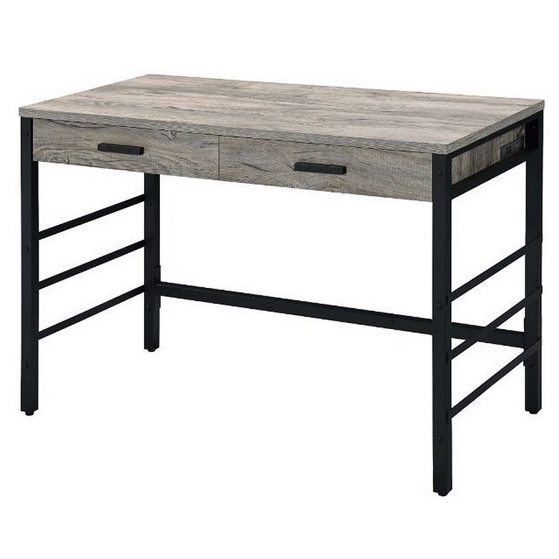 Built-in USB Port Writing Desk， Light Weathered Oak and Black