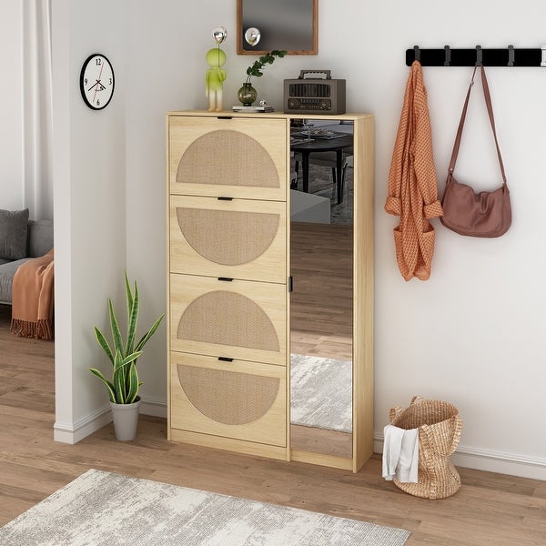 Natural Rattan Shoe Cabinet with 4 Tier Shoe Rack Storage Cabinet Wood 4 Door Free Standing Shoe Rack