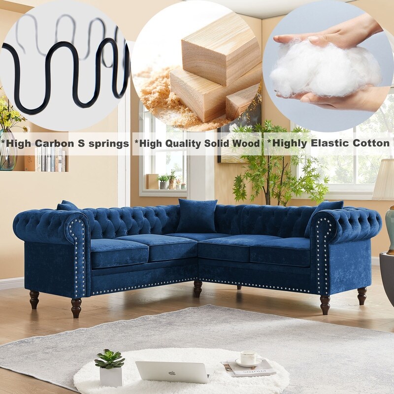 Chesterfield Button Tufted Upholstered Sectional Sofas L Shaped Sofa with 3 Pillows Included and Solid Wood Gourd Legs