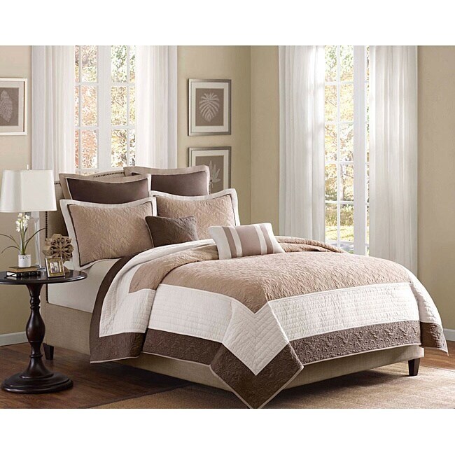 Madison Park Danville Beige 7 Piece Quilt Set with Euro Shams and Throw Pillows