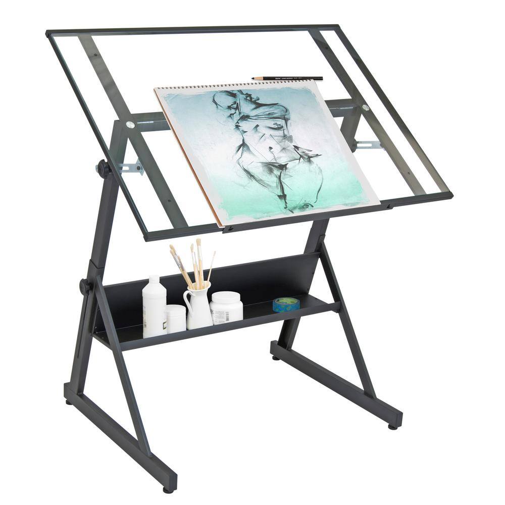 Studio Designs Solano 42 in. W DrawingWriting Desk in Charcoal Black  Clear Glass with Adjustable Top and Storage Shelf 13346