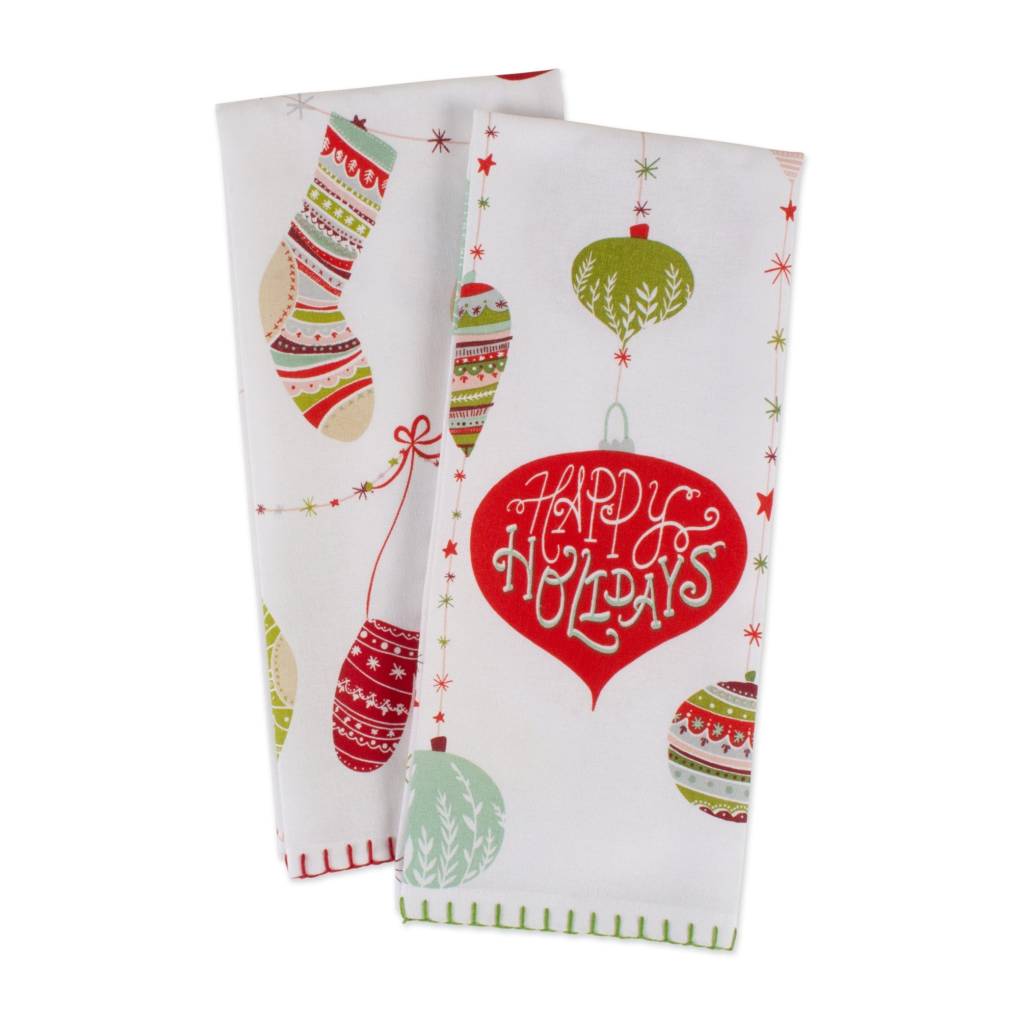 2 Red Green Christmas Trimmings Printed Rectangular Dishtowels 28