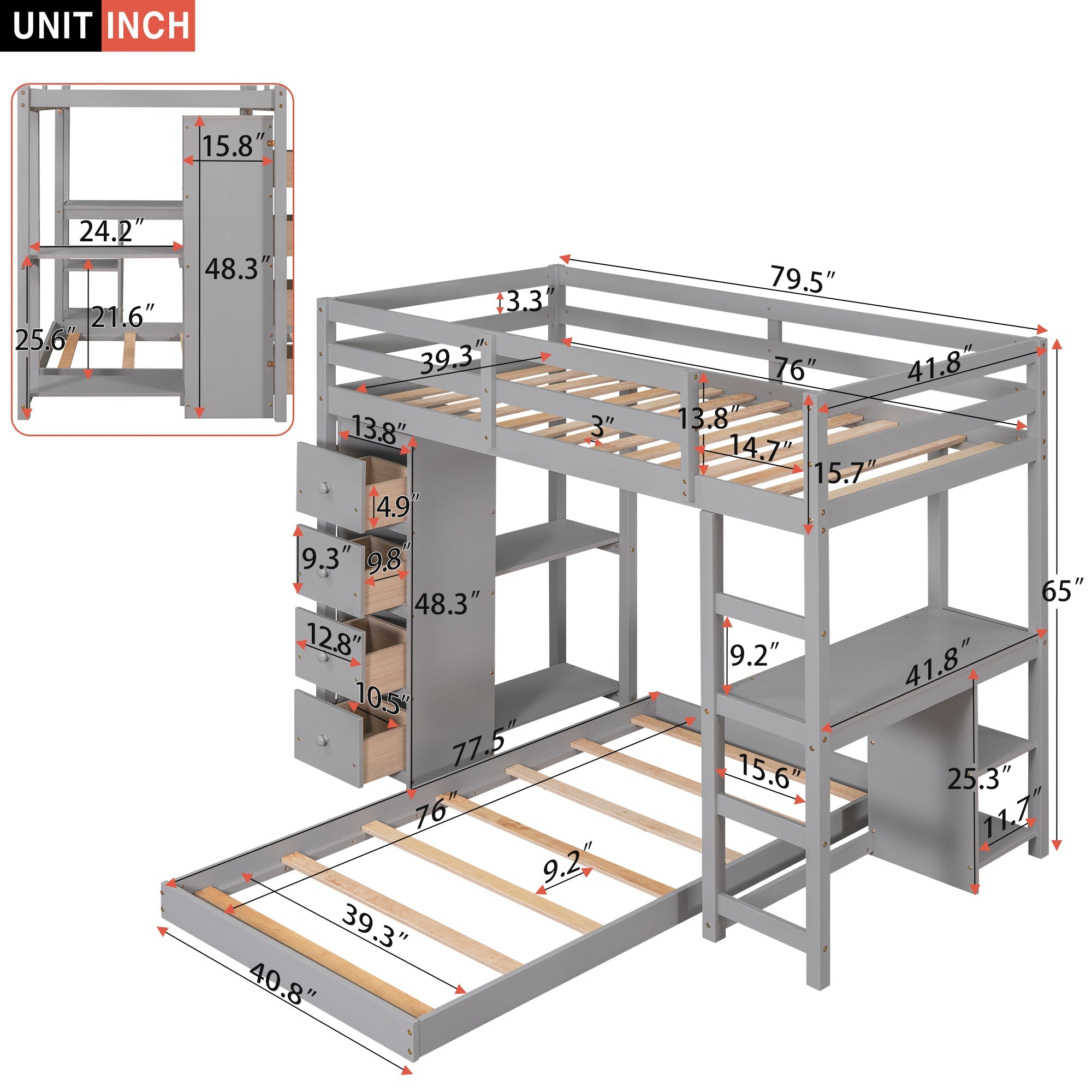 Euroco Twin Over Twin Loft Bed with Four Drawers and Ladder for Kids, Gray