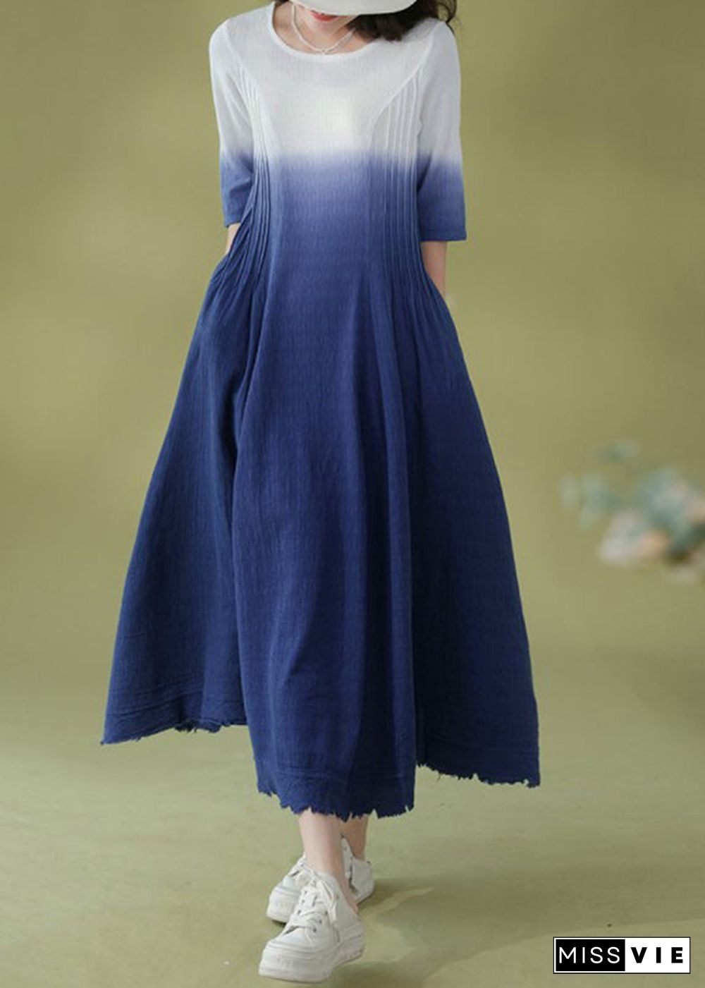 Gradient Color Blue O-Neck Wrinkled Ramie Long Dress Short Sleeve