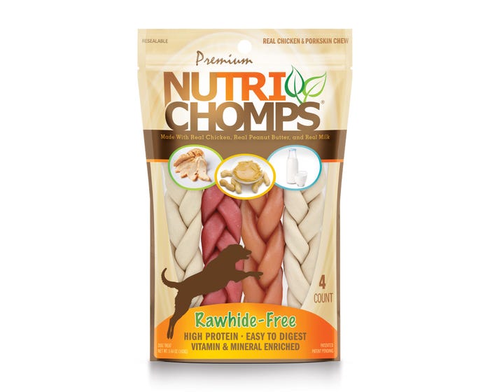 NutriChomps 6-inch Assorted Real Milk， Chicken and Peanut Butter Braids， 4 Count Dog Chews