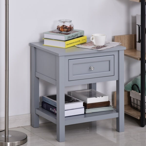 HOMCOM Accent End Table Nightstand with Grey Tabletop， Storage Drawer， and Bottom Shelf