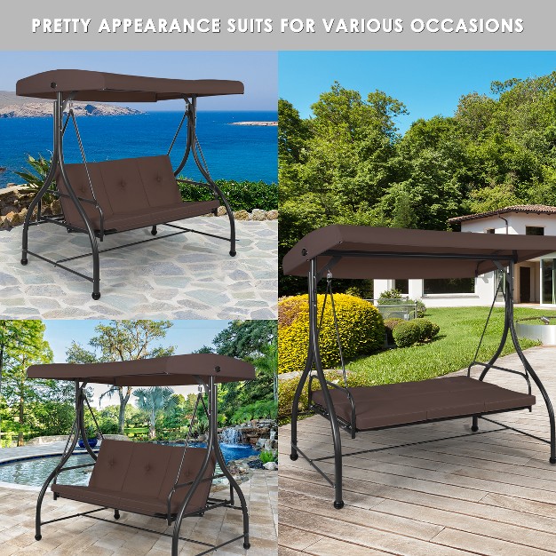 Costway Converting Outdoor Swing Canopy Hammock 3 Seats Patio Deck Furniture Brown