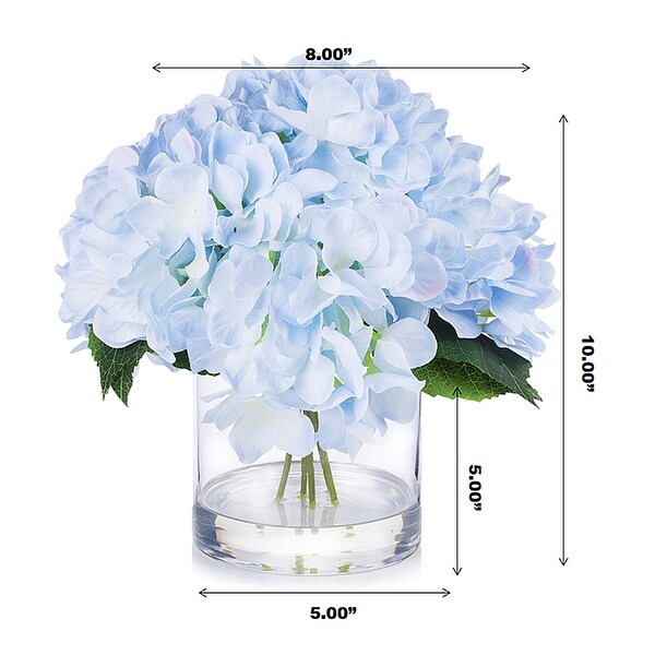 Enova Home Artificial Large Silk Hydrangea Fake Flowers Arrangement in Clear Glass Vase for Home Wedding Decoration