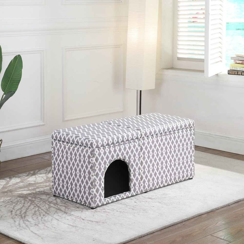 Gray Brown Lattice Storage Bench with Pet Bed