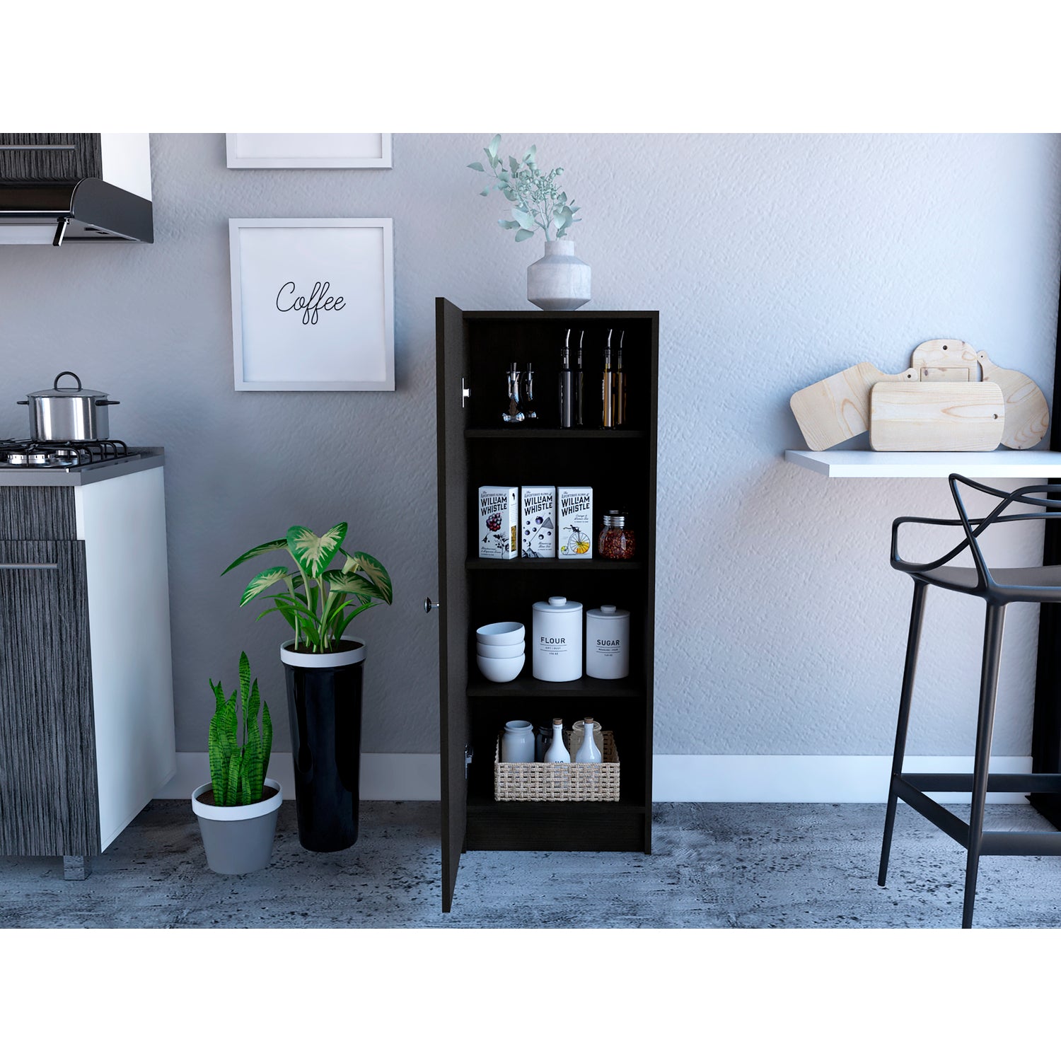 TUHOME Belleria Pantry， Handle， One-Door Cabinet， Four Internal Shelves， Black， For Kitchen Room