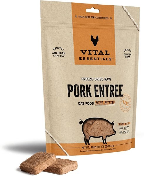 Vital Essentials Pork Entree Cat Food Mini Patties Grain-Free Freeze-Dried Raw Cat Food， 3.75-oz bag