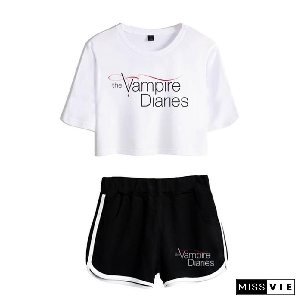 Summer Funny the Vampire Diaries Two Piece Set Summer Harajuku Cotton Print Crop Top T Shirt and Shorts